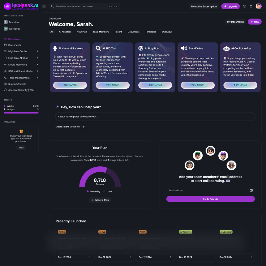 HighRank.AI Dashboard Designed and Developed By Xfinity Web